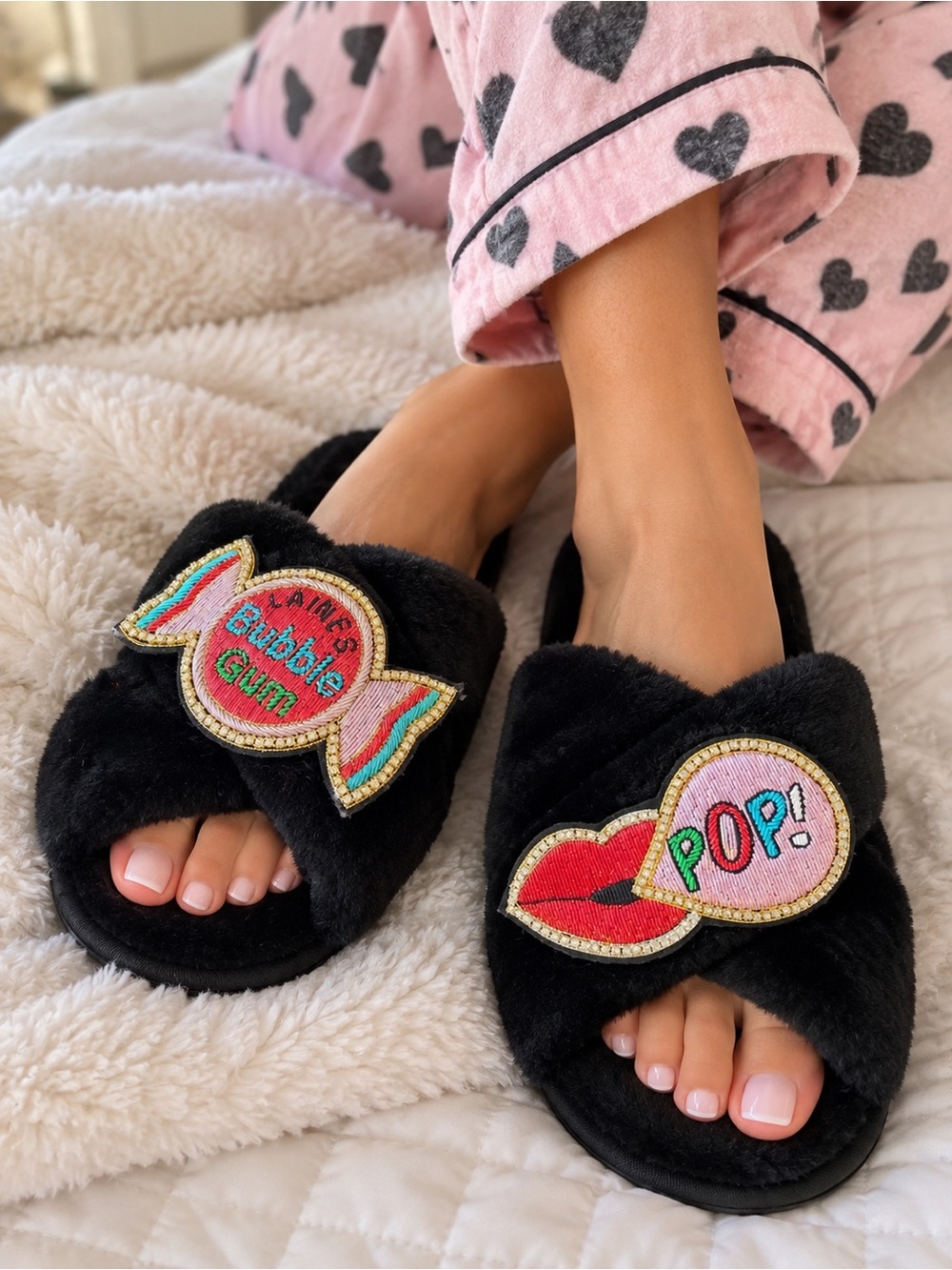 Laines London Black Plush Slide Slippers with Colorful Candy & POP Patches